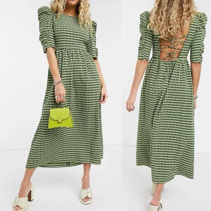 Topshop cross back midi dress in lime gingham Sz 4
